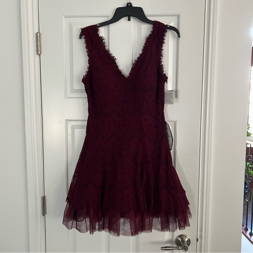 NWT Betsy & Adam Sz 6 Burgundy Lace A-line Mini Dress